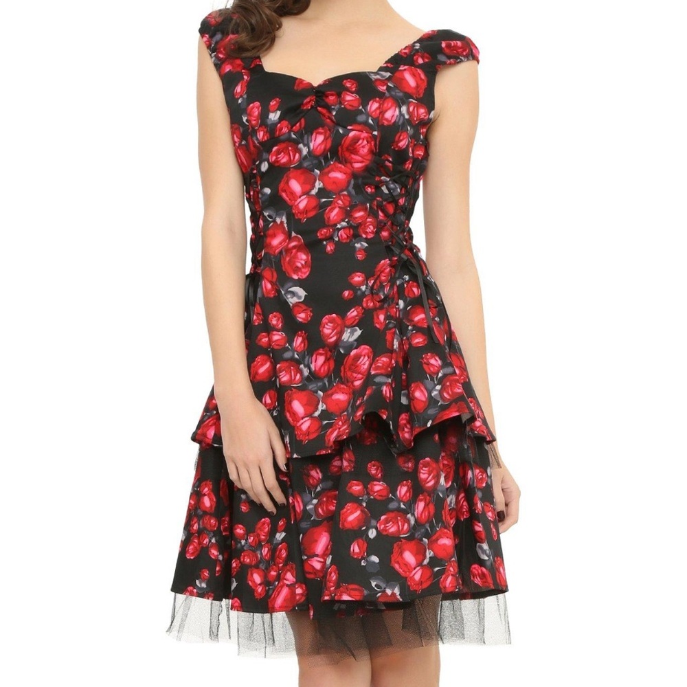 Heart and Roses Fit and Flare Rockabilly Dress with Sweetheart Neckline